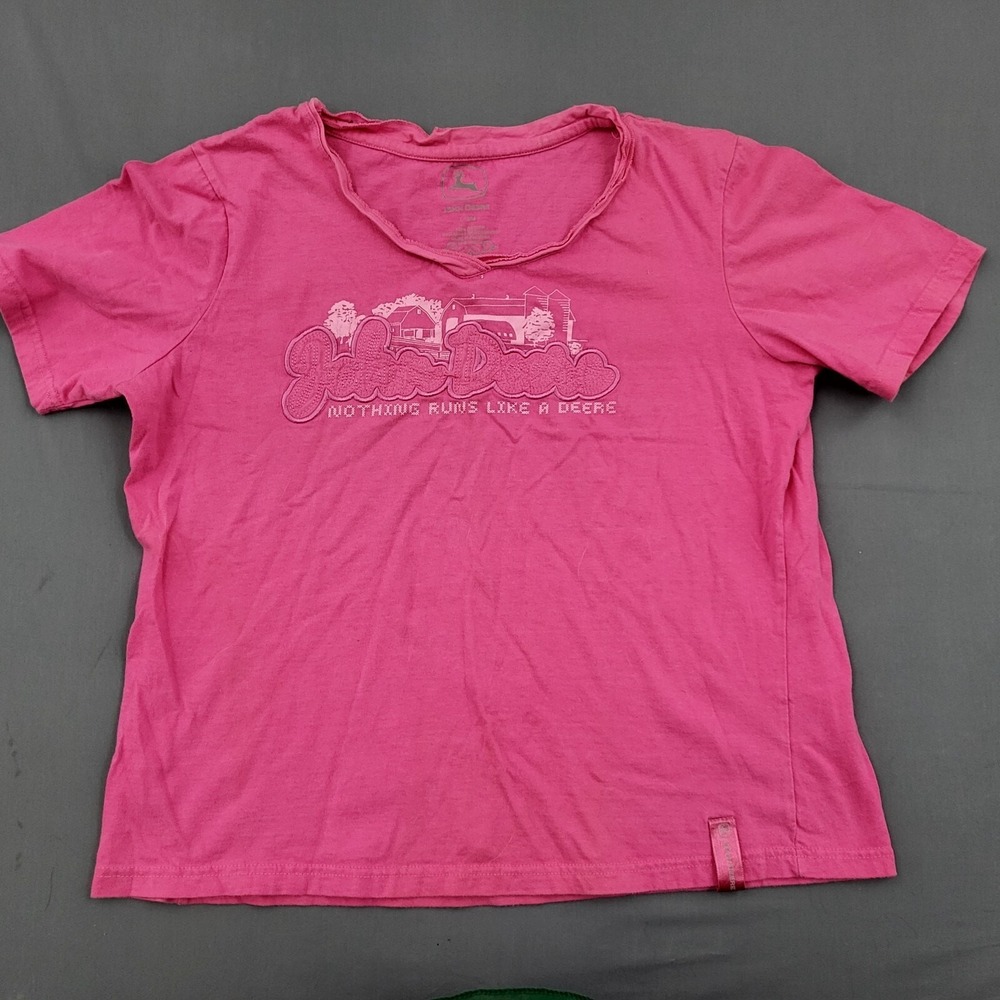 John Deere Shirt Womens L Short Sleeve Nothing Runs Like A Deere Pullover Pink